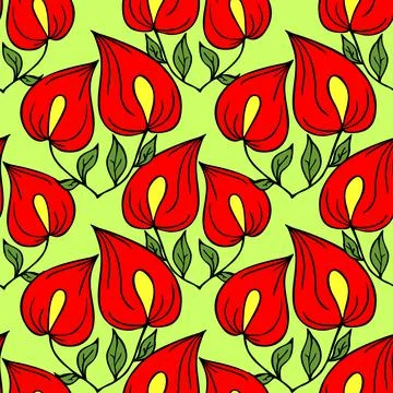 Seamless symmetrical graphic pattern of red flowers on a green background Illustrazione stock