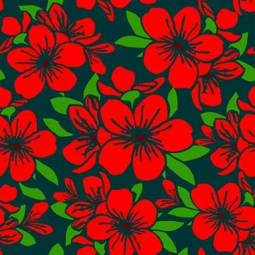 Seamless symmetrical graphic pattern of red flowers on a green background Stock Illustration