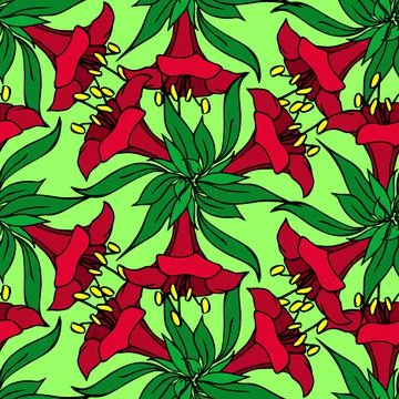 Seamless symmetrical graphic pattern of red flowers on a green background Stock Illustration