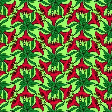 Seamless symmetrical graphic pattern of red flowers on a green background, .. Stock Illustration