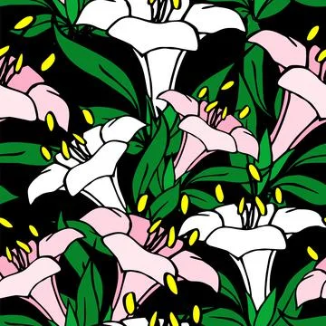 Seamless symmetrical graphic pattern of white and pink flowers on a black Stock Illustration