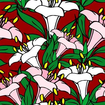 Seamless symmetrical graphic pattern of white and pink flowers Stock Illustration