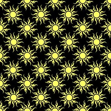 Seamless symmetrical graphic pattern of yellow suns on a black background Stock Illustration