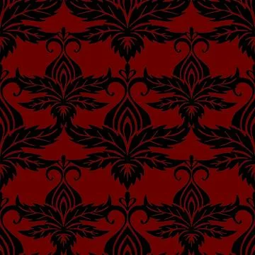 Seamless symmetrical pattern of abstract black elements on a burgundy Stock Illustration