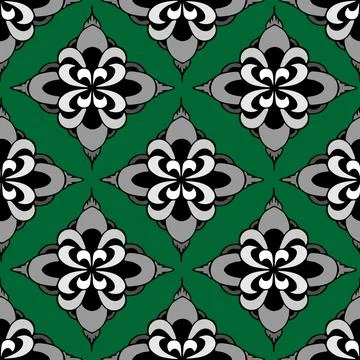 Seamless symmetrical pattern of abstract gray geometric shapes on a green b.. Stock Illustration