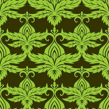 Seamless symmetrical pattern of abstract olive plant elements on a green Stock Illustration