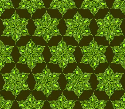 Seamless symmetrical pattern of abstract olive graphic elements on a green .. イラスト素材