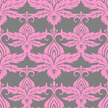 Seamless symmetrical pattern of abstract pink plant elements on a gray back.. Illustrazione stock