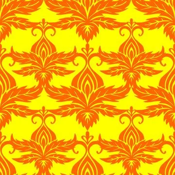 Seamless symmetrical pattern of abstract red plant elements on a yellow Illustrazione stock