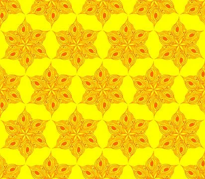Seamless symmetrical pattern of abstract red graphic elements on a yellow Stock Illustration