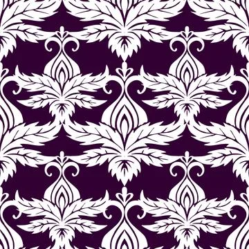 Seamless symmetrical pattern of abstract white plant elements on a purple Stock Illustration
