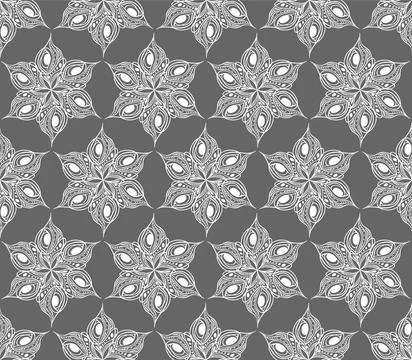 Seamless symmetrical pattern of abstract white graphic elements on a gray b.. イラスト素材