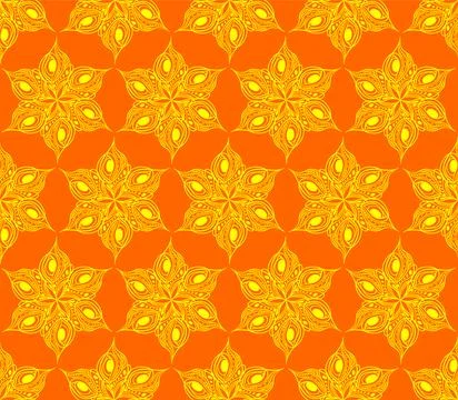 Seamless symmetrical pattern of abstract yellow graphic elements on a red b.. 스톡 일러스트