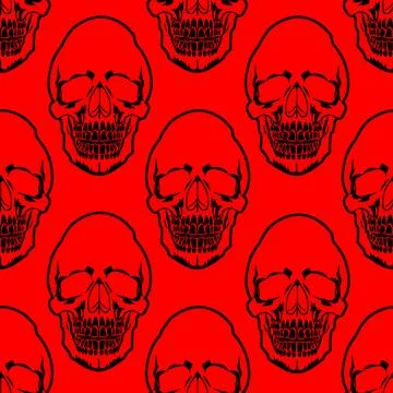Seamless symmetrical pattern of black human skulls on a red background, tex.. Stock Illustration