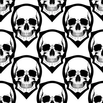 Seamless symmetrical pattern of black human skulls on a white background, t.. イラスト素材