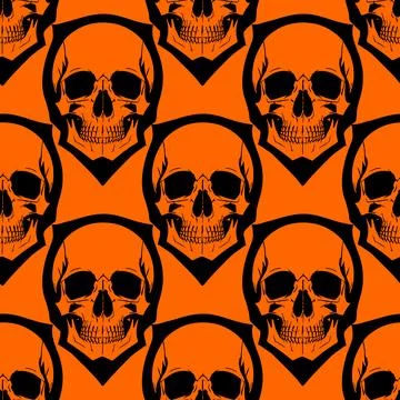 Seamless symmetrical pattern of black human skulls on an orange background,.. 스톡 일러스트