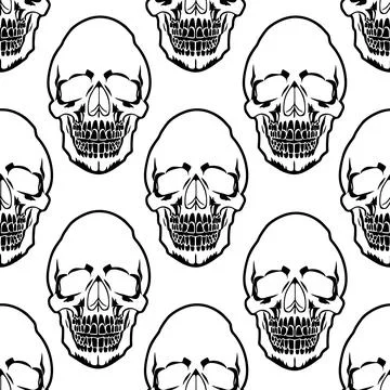 Seamless symmetrical pattern of black human skulls on a white background, t.. イラスト素材