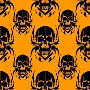 Seamless symmetrical pattern of black human skulls on an orange background,.. イラスト素材