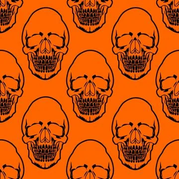 Seamless symmetrical pattern of black human skulls on an orange background,.. Stockillustratie