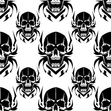 Seamless symmetrical pattern of black human skulls on a white background, t.. Stock Illustration