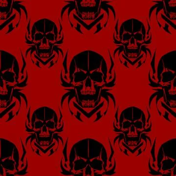 Seamless symmetrical pattern of black human skulls on a red background, tex.. Stock Photos