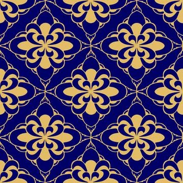 Seamless symmetrical pattern of golden abstract geometric shapes on a blue Stockillustratie