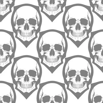 Seamless symmetrical pattern of gray human skulls on a white background, te.. イラスト素材