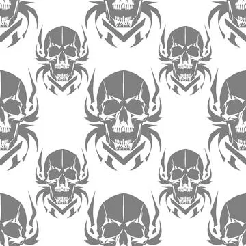 Seamless symmetrical pattern of gray human skulls on a white background, te.. Stock Photos