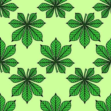 Seamless symmetrical pattern of green graphic chestnut leaves Stock Illustration