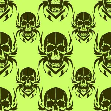 Seamless symmetrical pattern of green human skulls on an olive background, .. イラスト素材
