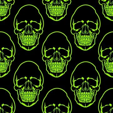 Seamless symmetrical pattern of green human skulls on a black background, t.. イラスト素材