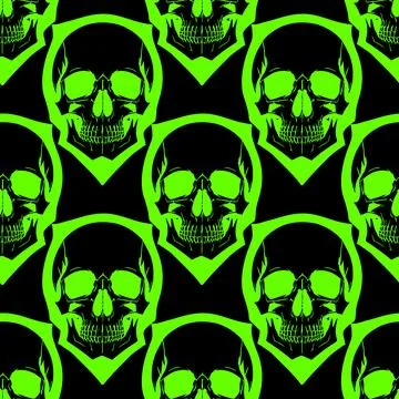 Seamless symmetrical pattern of green human skulls on a black background, t.. 스톡 일러스트