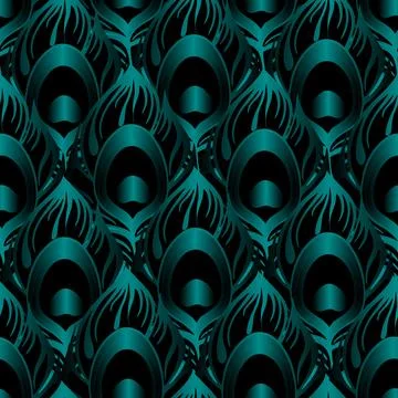 Seamless symmetrical pattern of peacock feathers in black and blue colors Stock Illustration