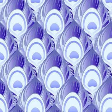 Seamless symmetrical pattern of peacock feathers in blue colors, texture Stock Illustration
