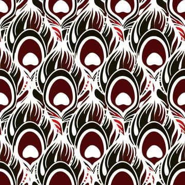 Seamless symmetrical pattern of peacock feathers in red colors and white Stock-Illustration