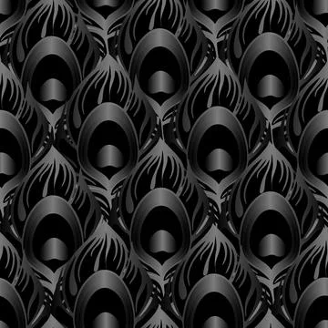 Seamless symmetrical pattern of peacock feathers in black and gray colors Stock Illustration