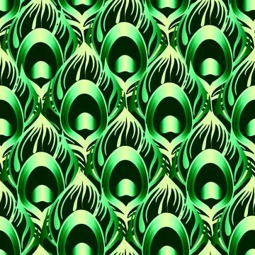 Seamless symmetrical pattern of peacock feathers in green and yellow colors.. Stock Illustration