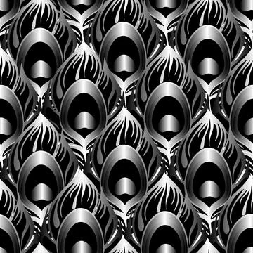 Seamless symmetrical pattern of peacock feathers in black and gray colors, .. Stock Illustration