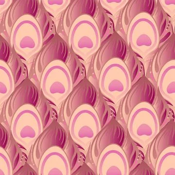 Seamless symmetrical pattern of peacock feathers in purple pink colors, tex.. Stock Illustration