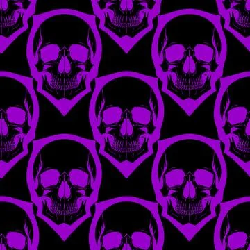 Seamless symmetrical pattern of purple human skulls on a black background, .. Stock Illustration