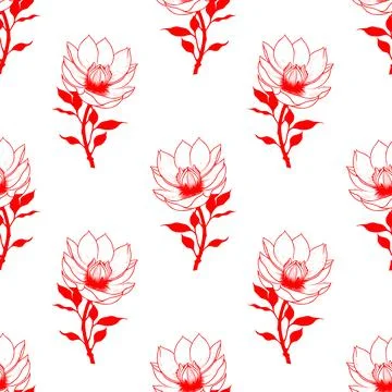 Seamless symmetrical pattern of red graphic magnolia flowers on a white bac.. Stock-Illustration