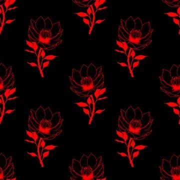 Seamless symmetrical pattern of red graphic magnolia flowers on a black bac.. Foto stock