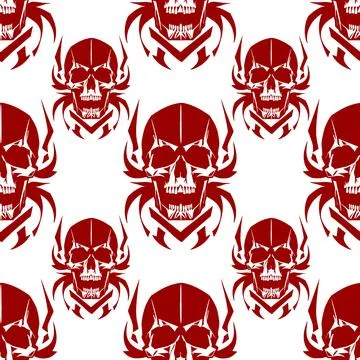Seamless symmetrical pattern of red human skulls on a white background, tex.. Stock Illustration