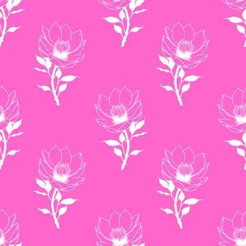 Seamless symmetrical pattern of white graphic magnolia flowers on a pink ba.. Stock Illustration