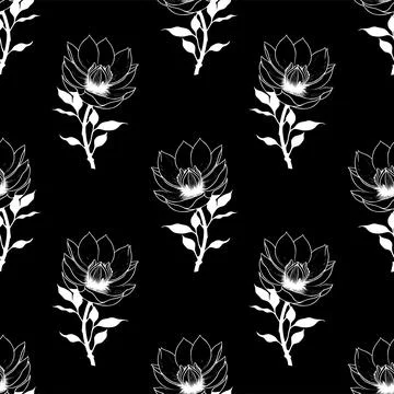 Seamless symmetrical pattern of white graphic magnolia flowers Stock Illustration