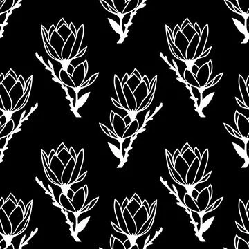 Seamless symmetrical pattern of white graphic magnolia flowers on a black b.. Stock-Illustration