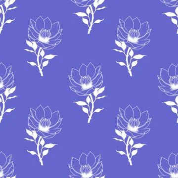 Seamless symmetrical pattern of white graphic magnolia flowers on a blue ba.. Foto stock