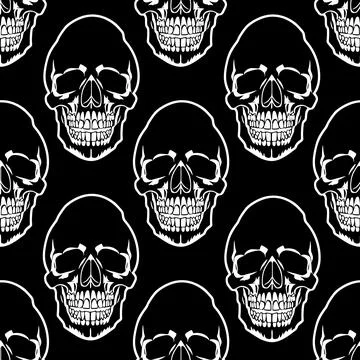 Seamless symmetrical pattern of white human skulls on a black background, t.. イラスト素材