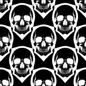 Seamless symmetrical pattern of white human skulls on a black background, t.. イラスト素材