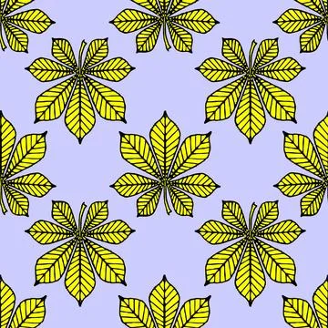 Seamless symmetrical pattern of yellow graphic chestnut leaves on a blue Stock Illustration